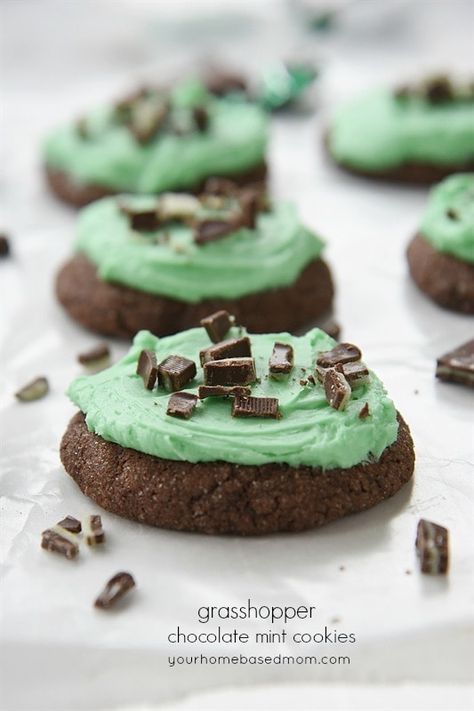 Grasshopper Mint Chocolate Cookies Mint Chocolate Cookies, Grasshopper Cookies, Mint Frosting, Spring Favorites, Christmas Treats For Gifts, Chocolate Mint Cookies, Mint Brownies, Chocolate Sugar Cookies, Fast Recipes