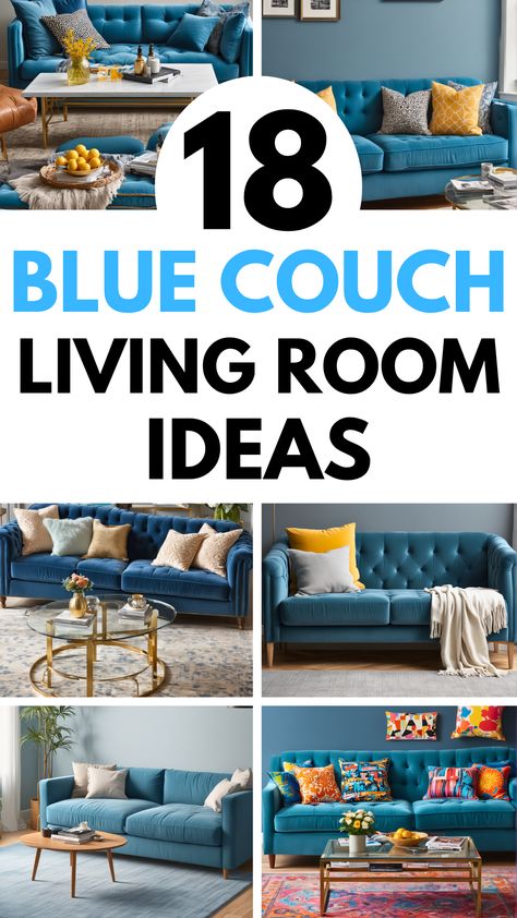 18 Blue Couch Living Room Ideas – The Crafty Hacks Throw Pillows For A Blue Sofa, Rugs With Blue Couch, Blue Furniture Living Room Ideas, Couch Design Ideas, Teal Couch Living Room, Blue Couch Living Room Ideas, Blue Leather Couch, Dark Blue Couch, Navy Blue Couches