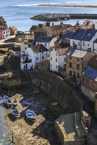 size: 24x16in Photographic Print: Winding Alleys of Village, Fishing Boats and Sea, Elevated View in Summer by Eleanor Scriven :