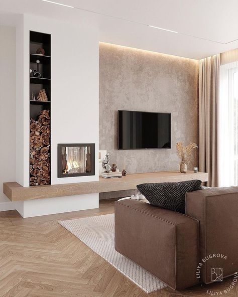 Neutral Cozy Living Room Modern, Fireplace Contemporary Design, Tv Wall With Fireplace And Shelves, Fireplace With Storage On Sides, Fireplace Next To Tv, Fireplace Tv Wall Modern Interior Design, Dnevni Boravak Ideje, Fireplace And Tv Wall Ideas, Tv And Fire Wall Ideas