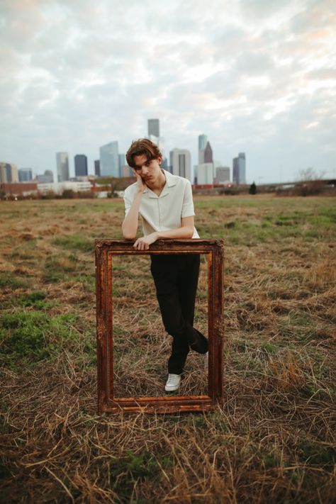 Houston, Skyline Photos, Male Senior Photos, Picture Frame Posing, Field Photos, Senior Pictures Picture Frame Photoshoot, Frame Photoshoot, Male Senior Photos, Field Photos, Male Pose, Houston Skyline, Photoshoot Themes, Boy Poses, Male Poses