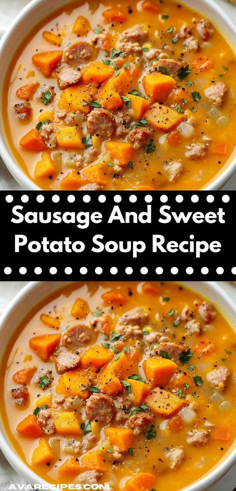 Looking for a comforting bowl of goodness? This Sausage and Sweet Potato Soup recipe is bursting with flavor and nutrition. It's an easy soup recipe that the whole family will love, making weeknight dinners a breeze. Sausage And Sweet Potato Soup, Sausage And Sweet Potato, Sweet Potato Soup Recipes, Sausage Soup, Easy Soup, Potato Soup Recipe, Soup Dinner, Sweet Potato Soup, How To Cook Sausage