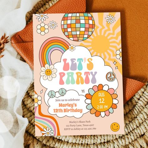 Retro Groovy Birthday themed invitation for your perfect celebration. 70s Party Photo Booth, 2024 Balloons, Flower Power Birthday, Flower Power 70s, 70s Birthday, Flower Power Party, Hippie Birthday Party, 70s Rainbow, Boho Birthday Party