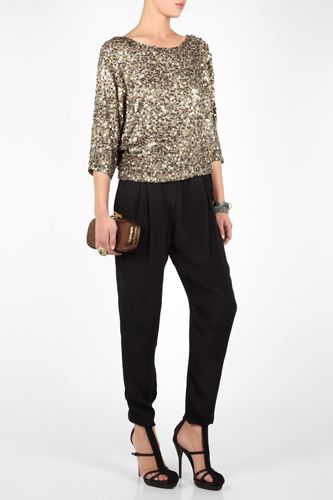 Metallic Blouse Outfit, Draped Trousers, Sequin Top Outfit, Sequins Top Outfit, Metallic Fashion, Metallic Blouses, Metal Fashion, Top Outfit, Style Tops