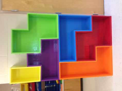 My Tetris bookshelf for my classroom! Tetris Bookshelf, Tetris Party, Decor Shelves, My Classroom, Future Classroom, Shelf Decor, School Stuff, Bookshelves, Bookcase