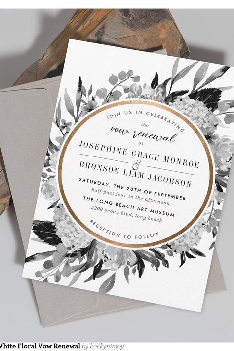 Modern Black and White Floral Vow Renewal Invitation Vow Renewal Vows, Elegant Invitation Design, Renewal Vows, Popular Wedding Invitations, Vow Renewal Invitations, Simple Elegant Wedding Dress, Vows Wedding, Renewal Wedding, Black And White Wedding Invitations