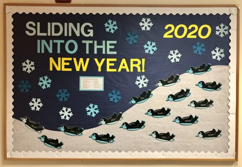 RA Bulletin Board - January 2020   (Penguins featured my residents first-names and can be used as door-decs after bulletin board is taken down) Sliding Into The New Year Bulletin Board, Club Penguin Ra Bulletin Board, January Bulletin Board Ideas College, Bulletin Board Ideas Ra College, New Year Ra Bulletin Board, Winter Ra Bulletin Boards, January Ra Bulletin Boards, Classroom Door Christmas, January Bulletin Board Ideas