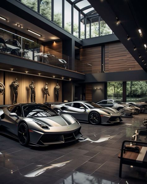 Modern Mansion Garage, Modern Car Garage Design, Huge Garage With Cars, Luxury Car Garage Design Dream Houses, Garage Luxury Design, Cars Garage Aesthetic, Aesthetic Car Garage, Luxury House With Cars, Big Garage House