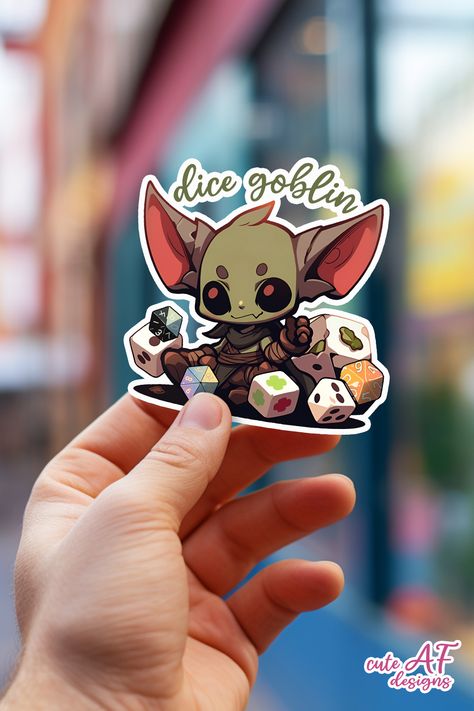 A cute sticker of a dice goblin surrounded by dice Dice Goblin Art, Dnd Sticker Ideas, Chibi Goblin, Dnd Doodles, Goblin House, Goblin Dnd, Cute Goblin, Dm Dnd, Dnd Stickers