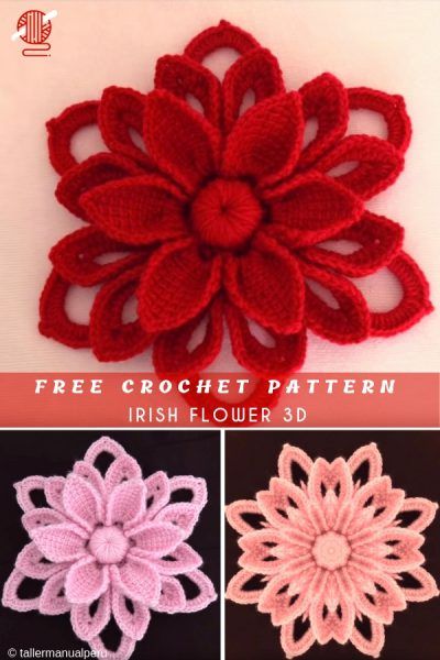 Irish Flower 3D Free Crochet Pattern | Pattern Center Irish Lace Crochet Pattern, Irish Crochet Flowers, Crochet Rose Pattern, Irish Crochet Motifs, Russian Crochet, Irish Crochet Patterns, Crochet Flowers Easy, Crocheted Flower, Flower 3d