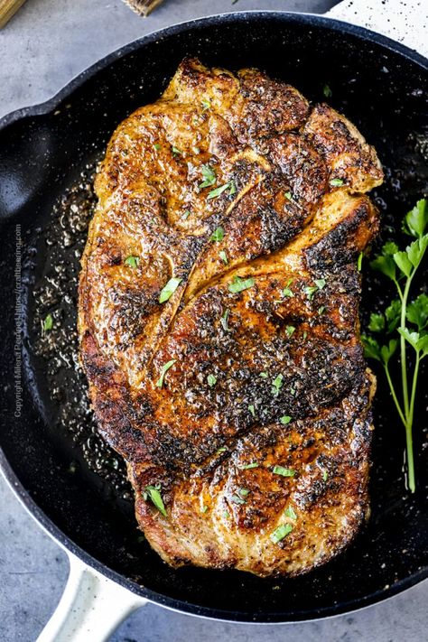 Cooking Pork Steaks, Pork Shoulder Steak Recipes, Shoulder Steak Recipes, Fried Pork Steak, Baked Pork Steak, Steak On Stove, Grilled Pork Steaks, The Clean Eating Couple, Pork Shoulder Steak