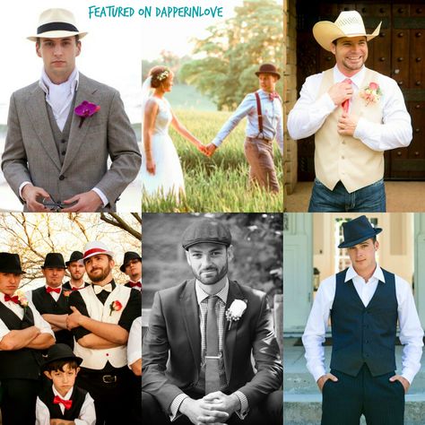 Wedding Trends for Grooms: Spring Edition  6. 🎩 The Groom with a Hat. Fedoras, “Panama”, and cowboy hats are just a few of the many ways you can incorporate some dapper head gear into your spring wedding! #dapper #hat #fedora #panamahat #cowboy #western #cowboyhat #GQ #IDo #trend #weddingplanning #wedding #weddinginspiration #mcm #menswear #mensfashion #bowtie #suit #tuxedo #Spring #SpringTime Grooms Wearing Hats, Groom Hats For Wedding, Groomsman Cowboy Hat, Groomsmen In Cowboy Hats, Groom With Hat, Groom In Cowboy Hat, Suit Tuxedo, Hat Fedora, Head Gear