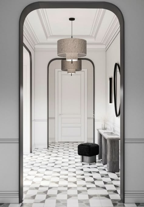 House Interior Flooring, Neo Art Deco Interior, Art Deco Foyer, Checker Tile, Art Deco Lobby, Classic Entrance, Colonial Style Interior, Classic Moulding, Neo Art Deco