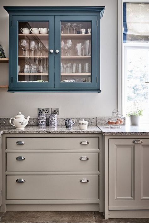 Blue And Gray Kitchen, Blue Farmhouse Kitchen, Spain Kitchen, Farmhouse Kitchen Cabinet, Kitchen Cabinet Design Ideas, Cabinet Design Ideas, Blue Farmhouse, Kitchen Favorites, Kitchen Peninsula