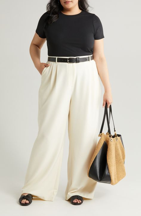 Soften your in-office look with flowy, wide-leg pants cut from a textured, seasonless blend and fronted with stitched-down pleats. 31" inseam; 30" leg opening; 14" front rise; 17" back rise (size 18) Zip fly with hook-and-bar closure Front slant pockets; back button-welt pockets 30% recycled polyester, 28% polyester, 37% viscose, 5% elastane Dry clean Imported Business Casual Outfits Summer Plus Size, Womens Business Professional Plus Size, Office Casual Plus Size, Plus Size Real Estate Agent Attire, Plus Size Interview Outfit Casual, Plus Size Work Dresses Professional, Trouser Outfit Plus Size, Cream Dress Pants Outfit, Trousers Outfit Plus Size