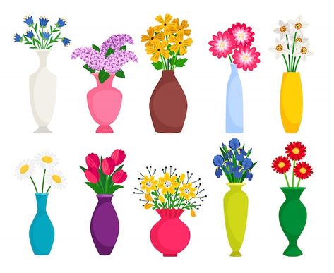 Flower Vase Drawing, Blue Flowers Background, Flowers For Decoration, Colored Vases, Plant Vector, Cartoon Flowers, Pink Spring, White Vases, Flower Illustration