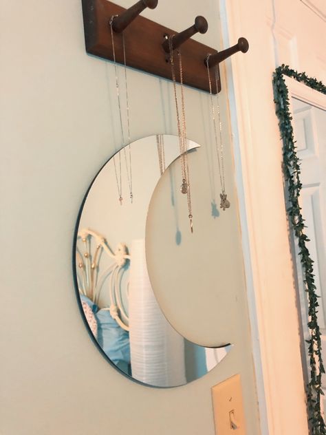 Mirror Ideas For Bedroom Wall, Mirror Ideas For Bedroom, Tiny Mirror, Small Wall Mirror, Moon Hanging, Moon Board, Small Wall Mirrors, Apartment Goals, Mirror Ideas