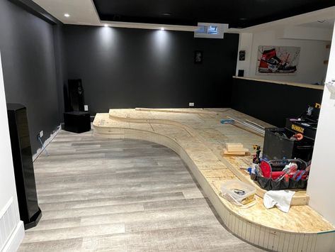 Curved Home Theater Platform Update – HOTMILLK Platform Seating In Living Room, Bendable Plywood, Brown Flooring, Theater Room, Theater Seating, Dolby Atmos, Floor Patterns, The Square, Cut It