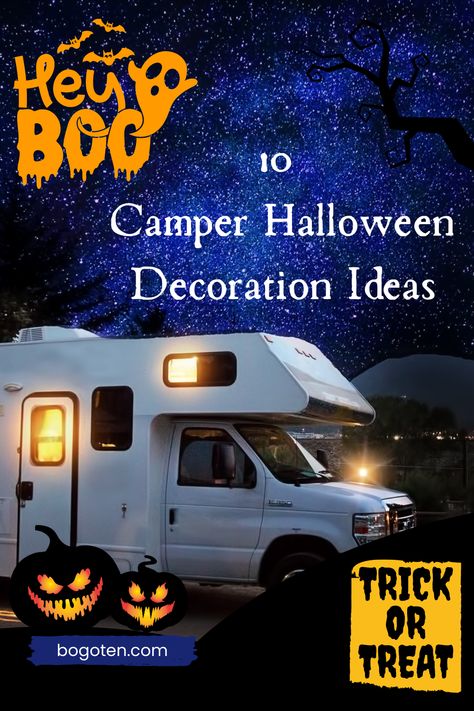 an rv with yellow lit windows at night under midnight blue sky with jack o'lanterns Motorhome Halloween Decorations, Travel Trailer Halloween Decorations, Rv Halloween Decor, Decorating Camper For Halloween, Rv Halloween Decorating Ideas Outside, Halloween Trailer Decor, Campground Halloween Ideas, Camper Halloween Decorations, Halloween Camper Decorating Ideas