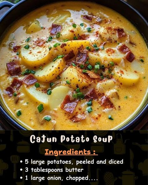 Ingredients: 5 large potatoes, peeled and diced 3 tablespoons butter 1 large onion, chopped Cajun Potato Soup Recipe, Patato Soup, Spicy Potato Soup, Cajun Potato Soup, Jack Potato, Cajun Potatoes, Christmas Soup, Potato Bacon Soup, Dish Ideas