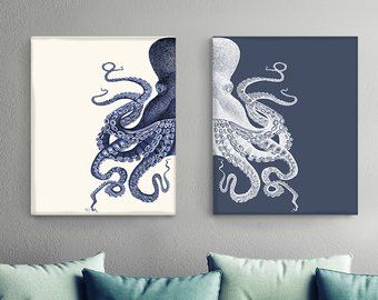 Octopus wall art | Etsy Indigo Blue Living Room, Wall Decor Neutral, Strand Decor, Vintage Nautical Decor, Octopus Wall Art, Octopus Print, Beach Bathroom Decor, Nautical Wall Decor, Octopus Art