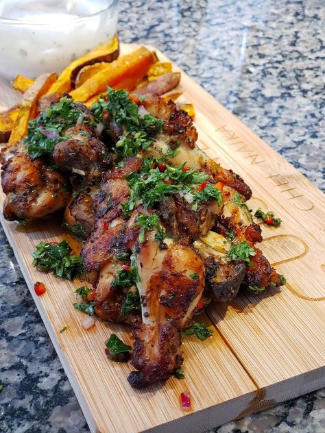 Chimichurri Chicken Wings, Chimichurri Recipe Meals, Chimichurri Wings, Chimichurri Sauce Chicken, Chicken With Chimichurri Sauce, Recipe For Chicken Wings, Chimichurri Chicken, Wing Sauce Recipes, Garlic Chicken Wings