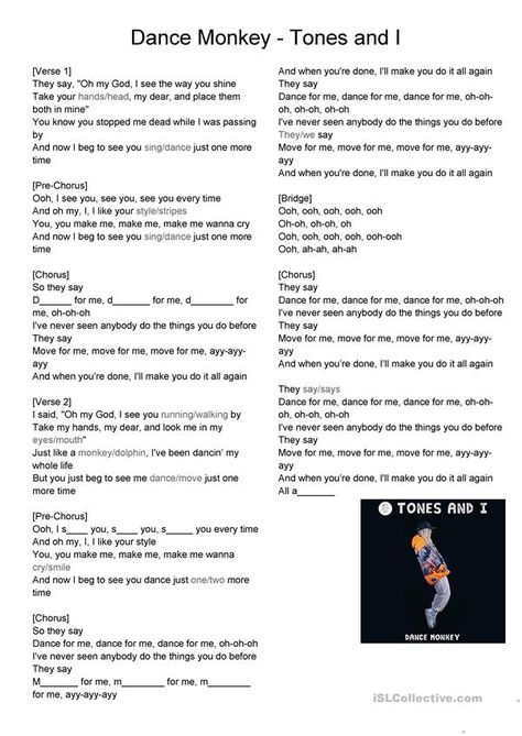 Dance Monkey - Tones and I - English ESL Worksheets Dance Monkey Lyrics, Dance Monkey Song, Dance Monkey, 12th Grade English, Monkey Dance, New Lyrics, Nursery Rhymes Activities, Pop Lyrics, Kids English