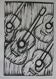 Music Linocut, Lino Inspiration, Linoleum Printmaking, School Drawing, Guitar Logo, Instruments Art, Woodcut Art, Art 2023, Linoleum Print