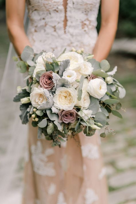 Elegant Vintage Bouquet of White and Mauve Roses and Eucalyptus Leaves Diy Bridal Bouquet, Eucalyptus Bouquet, Mauve Wedding, Vintage Bouquet, Bridal Bouquet Flowers, Dusty Rose Wedding, Rose Wedding Bouquet, White Wedding Bouquets, White Wedding Flowers