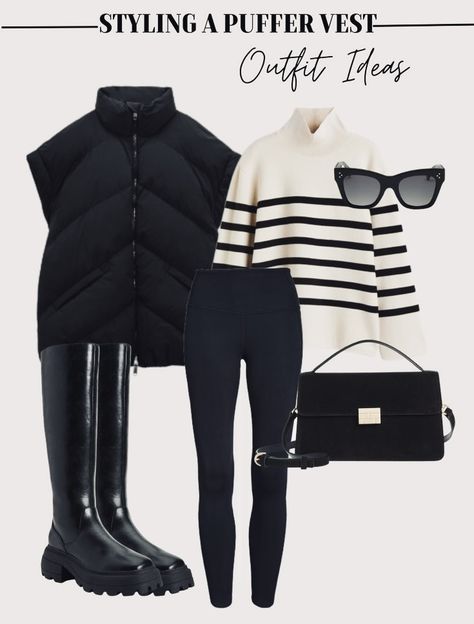 Casual And Stylish Outfits, Oversize Puffer Vest, Winter Outfits For Work Women, Sweater Outfit Inspiration, Rainy Day Outfit Women Casual, Women Vest Outfits Winter, Fall Easy Outfits, Leggings 2023 Street Style, Styling Leggings Winter