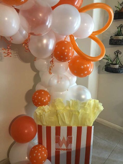 Whataburger Gender Reveal, Whataburger Party Theme, Birthday Stations, Whataburger Birthday Party, Whataburger Party, Theme Dinners Ideas, Rally Ideas, Rally Idea, Graduation Party Pictures