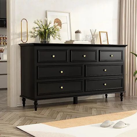 black dresser Dresser Modern, Black Chest Of Drawers, Contemporary Dresser, Black Dresser, Black Dressers, 7 Drawer Dresser, Bedroom Black, Wood Dresser, Bedroom Furniture Dresser