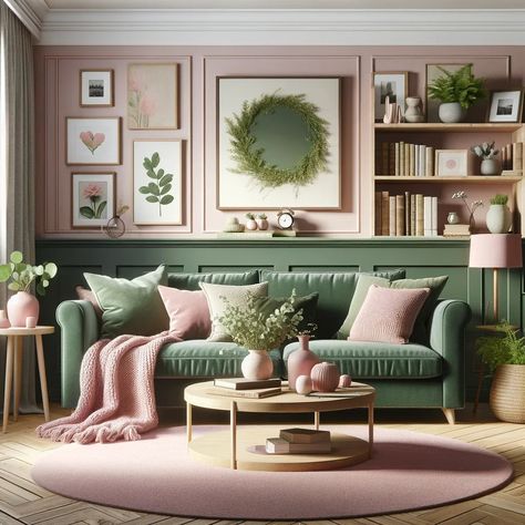 soft pink and forest green living room Green And Pink Lounge, Green Sofa Living Room Colour Schemes, Green And Pink Living Room, Forest Green Living Room, Pink And Green Living Room, Pink Sofa Living Room, Old Money Interior Design, Rose Furniture, Old Money Interior