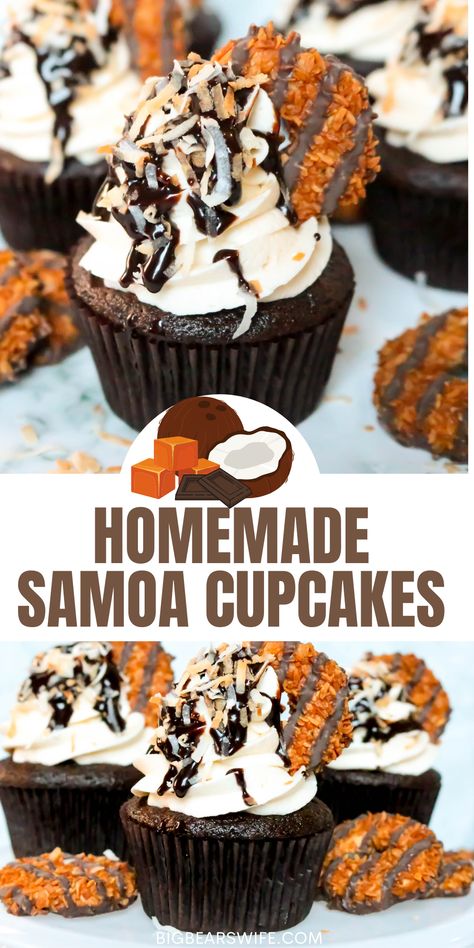 Samoa Cupcakes, Coconut Caramel Cookies, Samoa Cookie, Cookie Cupcakes, Samoa Cookies, Fudge Cookies, Caramel Frosting, Gourmet Cupcakes, Coconut Caramel