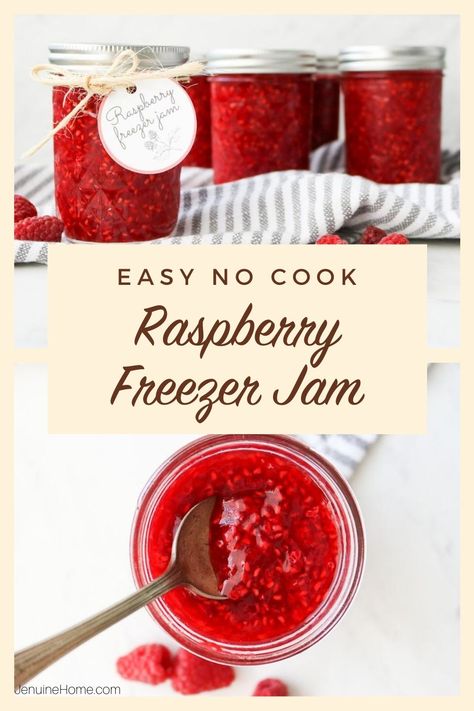 Easy low sugar no cook raspberry freezer jam using frozen raspberries and instant pectin. Just 3 minutes of stirring required! Frozen Raspberry Jam Recipe, Sugar Free Freezer Jam, Raspberry Freezer Jam Recipe, Low Sugar Jam Recipes, Low Sugar Muffins, Raspberry Freezer Jam, Homemade Raspberry Jam, Raspberry Jam Recipe, Freezer Jam Recipes