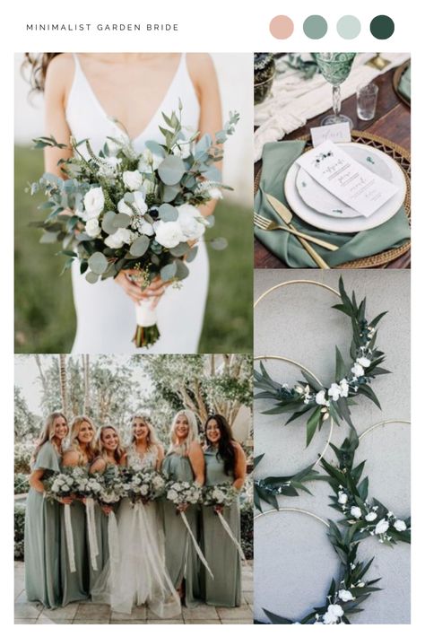 Minimalist Wedding Sage Green, Sage Colour Scheme Wedding, Sage Green Wedding Colour Scheme, Green Scheme Wedding, Colour Theme Wedding Ideas, Sage Garden Wedding, Garden Wedding Colour Schemes, Minimalistic Outdoor Wedding, Colour Schemes For Wedding