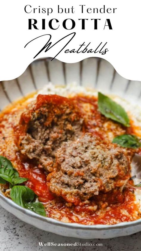 These large, homemade Italian ricotta meatballs are a game changer! They have a crisp exterior, but are unbelievably tender when you cut into them. You can certainly serve them with spaghetti, but we love them on top of cool, creamy ricotta cheese with a spoonful of marinara, fresh basil, and lots of grated Parmesan. A hearty appetizer or even a filling dinner entrée. Ricotta Meatball Recipes, Ground Beef Ricotta, Hearty Appetizer, Party Meals, Ricotta Meatballs, Food Italian, Ricotta Recipes, Scrumptious Food, Filling Dinner