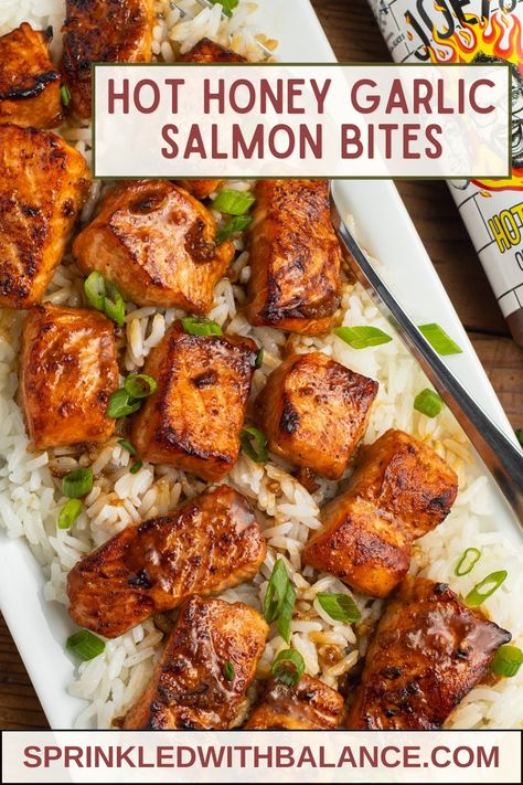 Hot Honey Garlic Salmon Bites Salmon Bites Oven, Hot Honey Salmon Bites, Honey Garlic Salmon Bites, Garlic Salmon Bites, Hot Honey Salmon, Salmon Bites Recipe, Mango Salsa Salmon, Salmon Quinoa, Salmon Marinade