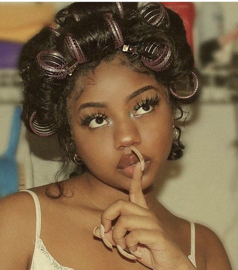 Hair rollers y2k 90’s style hairstyles black girl black woman clean cute nails pink Aa Culture, Vintage Americana Coquette, Americana Coquette, Hairstyles Design, Black Empowerment, Dream Aesthetic, Black Photography, Black Femininity, Roller Set