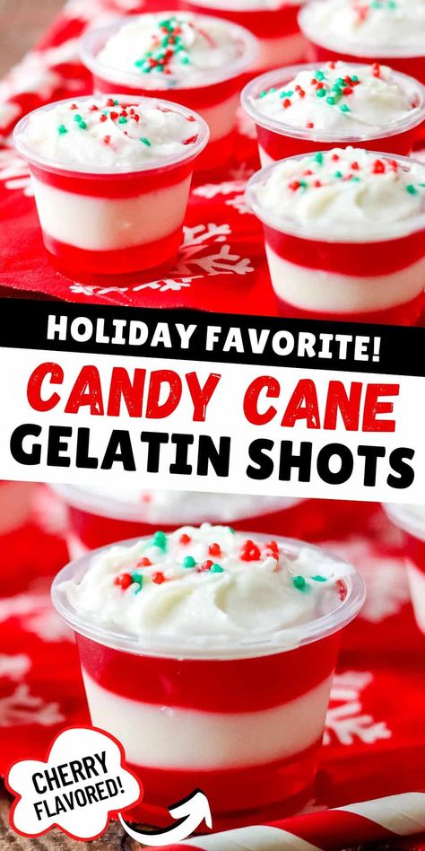 Candy Cane Gelatin Shots: Holiday Favorite! Cherry Flavored! Aunt Bethany Jello Shots, Candy Cane Jello Shots Recipe, Amaretto Jello Shots Recipes, Rum Chata Jello Shots, Santa Jello Shots, Christmas Shots Jello, Hot Chocolate Jello Shots, Red And White Jello Shots, Easy Christmas Jello Shots