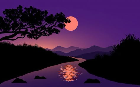 River and moon night landscape Premium V... | Premium Vector #Freepik #vector #tree Background Landscape Aesthetic, Landscape Aesthetic Background, Night Landscape Illustration, Moon Desktop Wallpaper, Aesthetic Background Landscape, Landscape Wallpaper Desktop, Background Aesthetic Landscape, Widget Pictures, Landscape Wallpapers