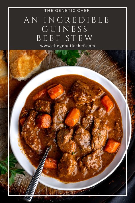 A delicious Guinness Beef Stew with a complexity of flavors that will surely satisfy the palate. Chocolate and coffee bring out the flavor of the Guinness, creating a triage of flavors that takes this stew to the next level. Can be made on the stovetop or in the oven. #guinnessbeefstew #guinness #irishstew #guinnessstew #beefstew | @thegeneticchef Guiness Beef Stew Recipe, Guiness Stew, Dutch Oven Beef Stew, Oven Beef Stew, Irish Stew Recipe, Stew Recipes Crockpot, Lentil Vegetable Soup, Guinness Beef Stew, Irish Beef Stew