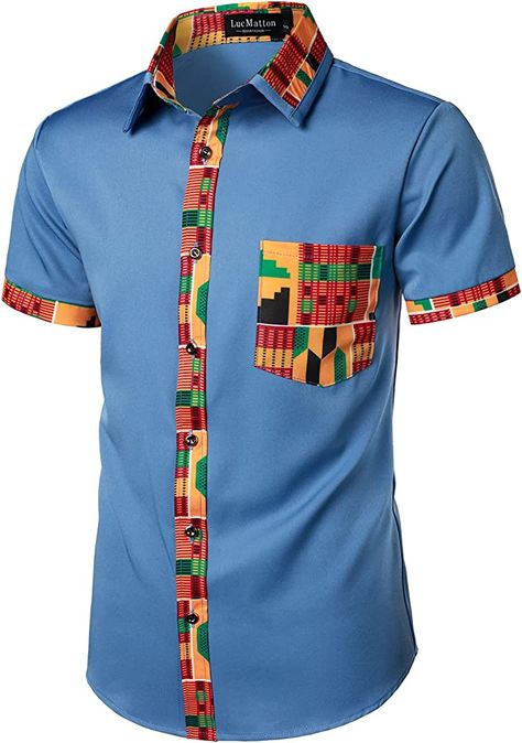 LucMatton Men's African Printed Patchwork Design Short Sleeve Button up Shirt Traditional Dashiki, Blue, Large : Amazon.ca: Clothing, Shoes & Accessories Shirt With Buttons, Graphic Print Shirt, African Shirts, African Men Fashion, African Dresses, African Wear, Ethnic Style, Patchwork Designs, Short Sleeve Button Up