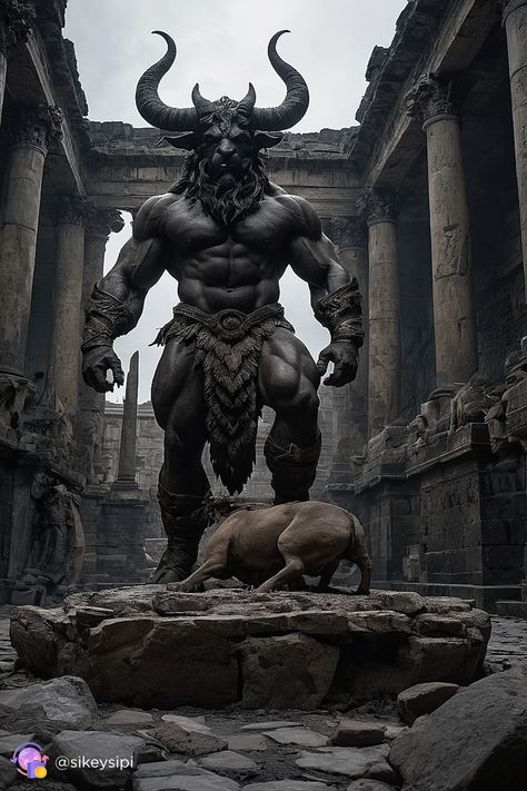 Step into the labyrinth with this awe-inspiring depiction of the Minotaur. Crafted by Stable Diffusion, this image captures the essence of one of mythology's most formidable creatures, guarding the secrets of ancient ruins with a fierce gaze. Perfect for adding a touch of mystery and power to your collection. #LabyrinthGuardian #MythicalCreatures #PowerfulArt Greek Creatures Tattoo, Greek Minotaur Tattoo, Mythology Sketches, Minotaur Tattoo, Minotaur Labyrinth, Minotaur Costume, Minotaur Art, Mythical Gods, Greek Mythical Creatures