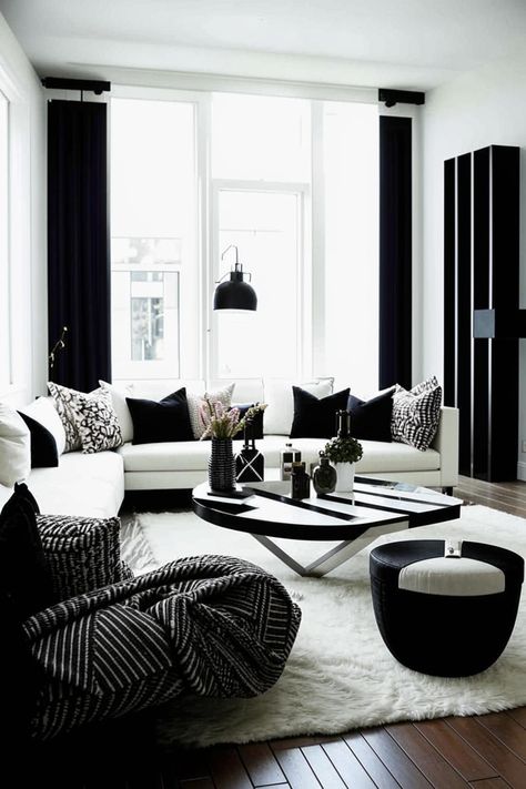 Elevate your living room with timeless elegance. Explore stunning black and white decor ideas, from bold statement pieces to subtle accents. Discover inspiration for a chic and sophisticated space thats both modern and classic. Black And White Living Room Decor Modern Interior Design, Black And White Living Room Ideas Modern, White And Black Living Room, Magic Living Room, Black And White Decor Ideas, White Living Room Set, Black And White Living Room Decor, Frameless Wall Mirror, Entrance Living Room