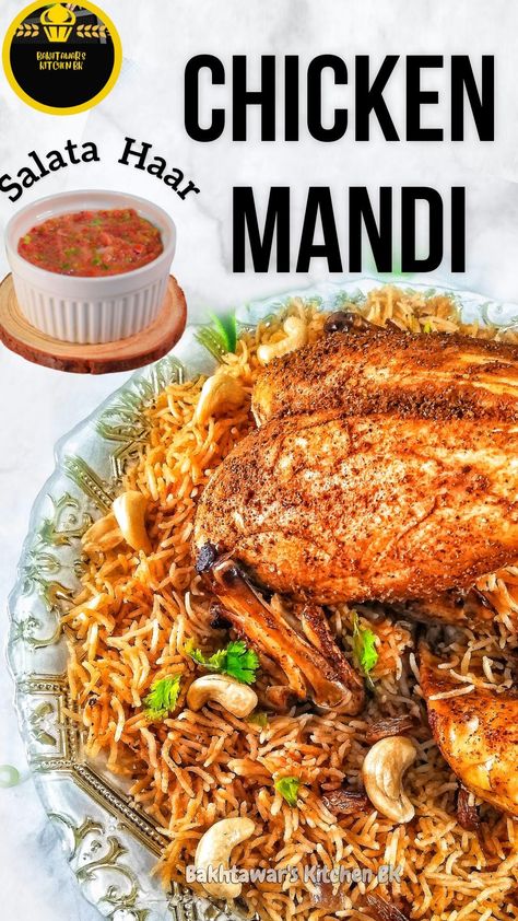 Chicken Mandi Recipe without Oven/ Restaurant Style Chicken Mandi Recipe Chicken mandi is delicious and national dish of Yamen. With aromatic rice and meat, served with super tender chicken. #chickenmandi #mandirecipe #easychickenmandi #hawaijspice #salathaar #tomatochutney #mandiwithout oven #mandi Mandi Rice Chicken, Chicken Mandi Recipe, Mandi Recipe, Chicken Mandi, Rice And Meat, Asian Food Photography, Food Shoot, Arabian Food, Asian Street Food