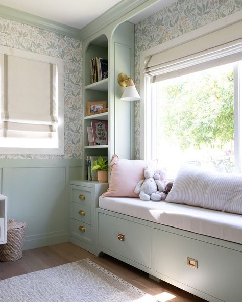 Was a pleasure working with this young couple on their little girls bedroom. From demolition to wainscoting, builtins and wallpaper the whole process flowed to create this beautiful space 🧚✨ 📸 shot by Dawn Girls Dream Bedroom, Bedroom Window Seat, Floor To Ceiling Bookshelves, Childrens Rooms, Girls Room Wallpaper, Toddler Bedroom Girl, Office Inspo, Large Window, Pastel Room