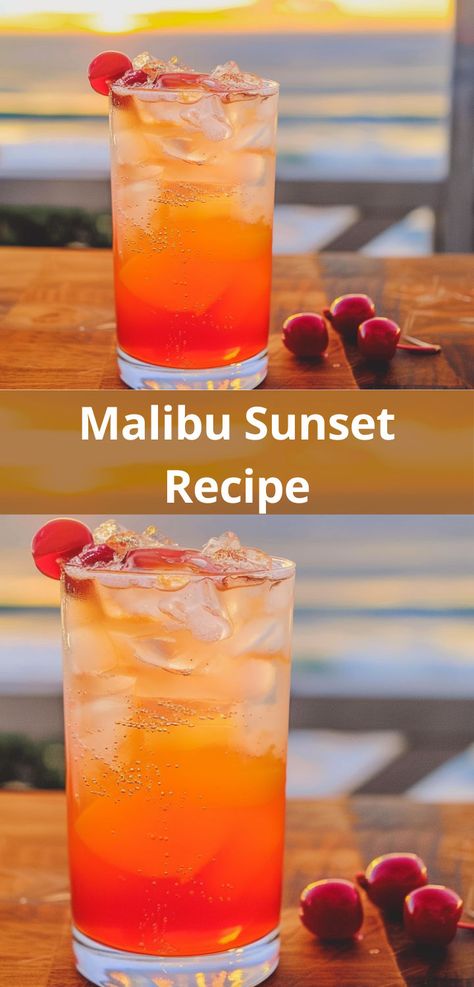 Easy Malibu Sunset recipe with rum, pineapple, and grenadine. A tropical delight! Malibu Sunset Cocktail, 90s Drinks, Schnapps Drinks, Peach Schnapps Drinks, Drinks For 21st Birthday, Cocktails With Malibu Rum, Lemonade Punch Recipe, Malibu Rum Drinks, Malibu Cocktails