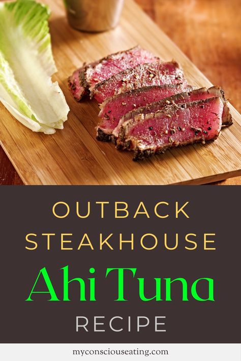 Ahi tuna on a wooden board Outback Seared Ahi Tuna Recipe, Outback Ahi Tuna Recipe, Mediterranean Ahi Tuna Recipe, Crusted Tuna Steak Recipes, Ahi Tuna Steak Dinner, Outback Ahi Tuna Dipping Sauce, Mahi Tuna Steak Recipe, Blackened Ahi Tuna Recipe, Easy Ahi Tuna Steak Recipe