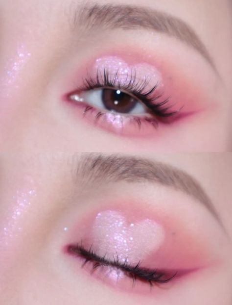 Heart Eyeshadow Makeup, Heart Douyin Makeup, Soft Valentines Day Makeup, Douyin Valentine Makeup, Pink Y2k Makeup, Cute Valentines Makeup, Valentine's Makeup Looks, Makeup Ideas Douyin, Lovecore Makeup